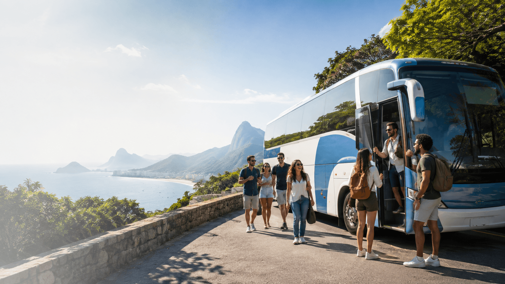 Grupo em viagem de turismo ao lado de um ônibus fretado
